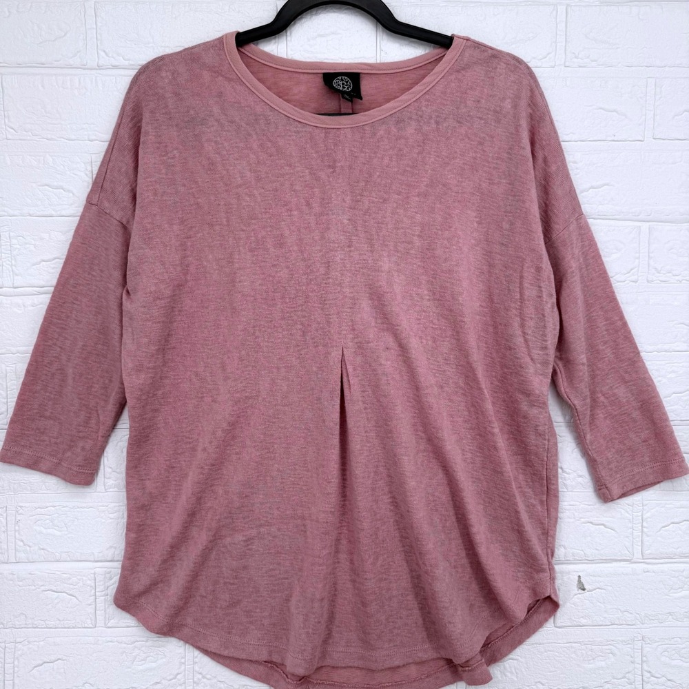 Bobeau Knit Top Women Small Pink Pleated Split Back 3/4 Sleeve Casual Boho